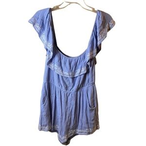 Blue Rain Blue Off The Shoulder Ruffle Embroidered Pockets Romper Size Large